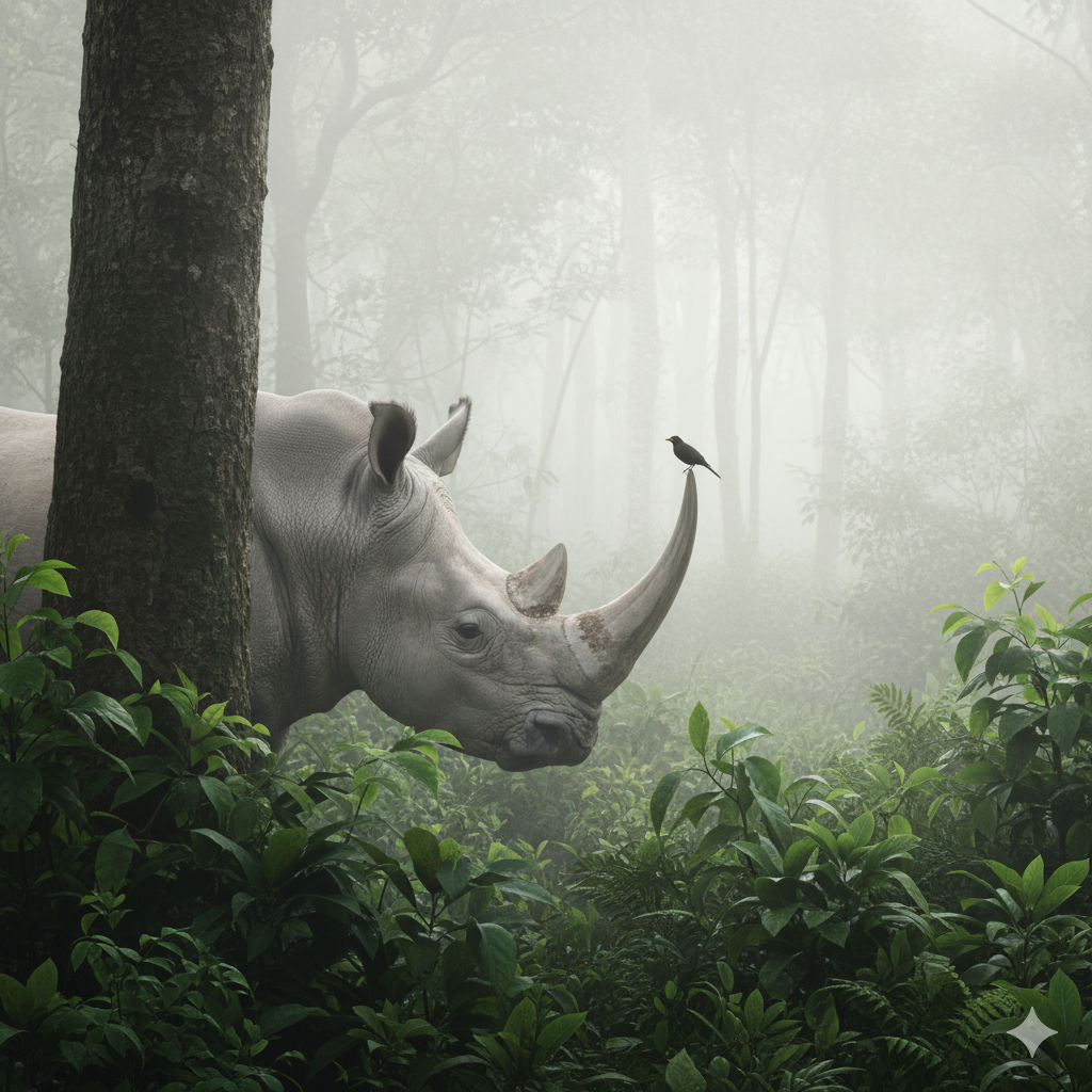 Generate this image: A serene misty jungle scene features a majestic rhinocerous with long, tusk, partially hidden behind a large tree trunk...