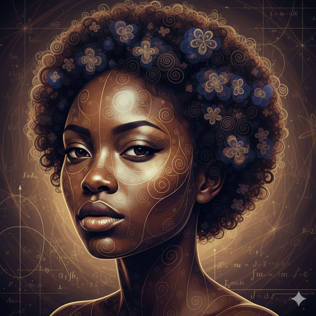 A captivating and artistic portrait of a Black woman, rendered in a sophisticated, hyperrealistic style with an overlay of intricate mathema...