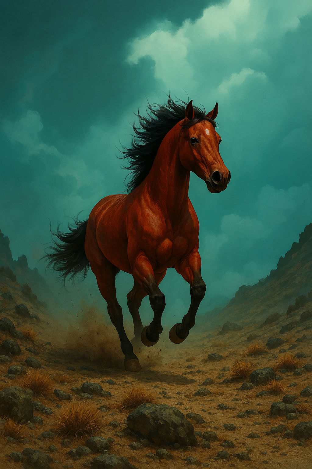 Create an image of an abstract, surrealist painting withimage is a dramatic, hyperrealistic digital painting of a chestnut horse galloping t...