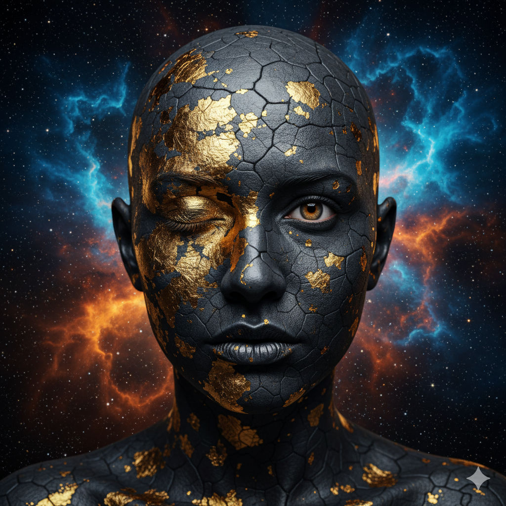 Create this image:: A stunning 3:4 portrait of a face split vertically, with one half featuring a closed eye and gold flaking across dark, c...