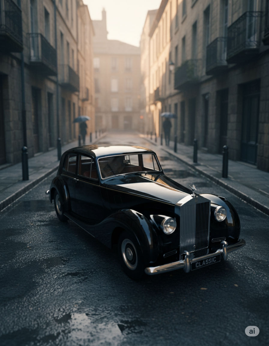 A classic black vintage car, with "CLASSIC" on its license plate, is positioned in the center of the image. The background is divided horizo...