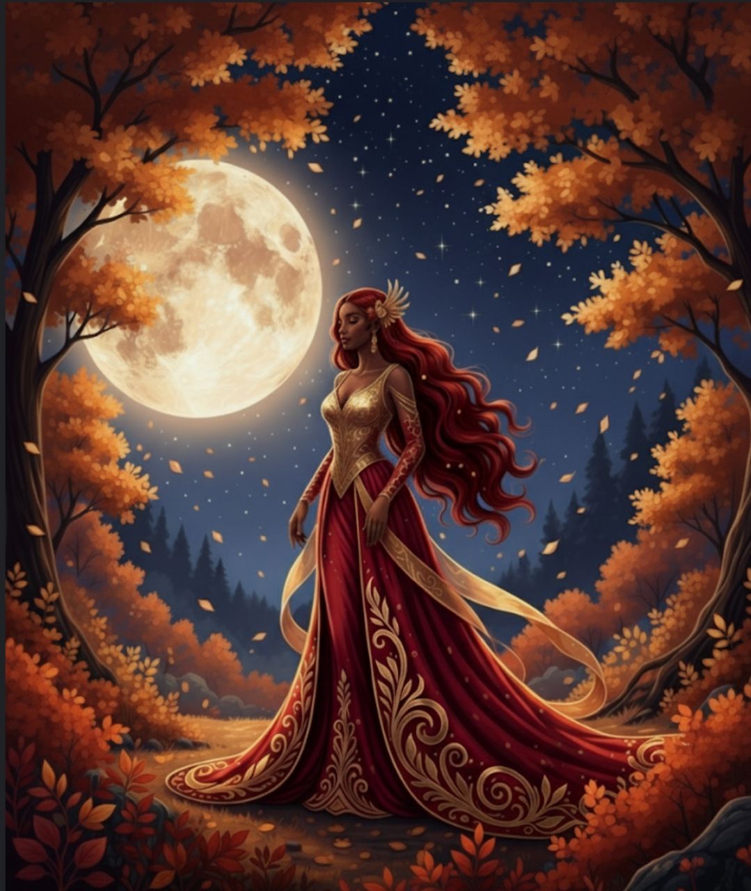 Generate this image: An elegant African woman with long, flowing red hair, adorned with gold accents, stands gracefully in a vibrant, fantas...