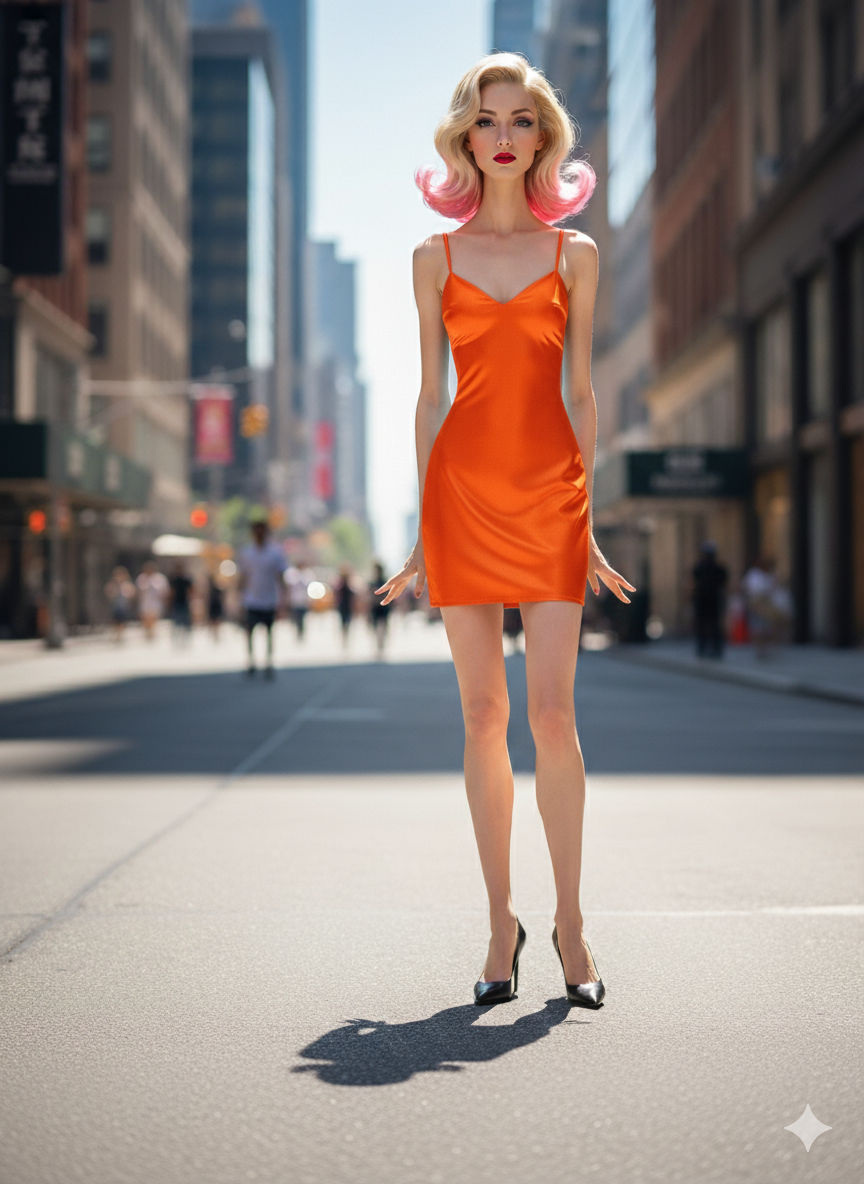 An ultra-realistic full-body photograph of a smiling, black woman with blonde hair and pink tips, wearing a bright orange satin dress and hi...