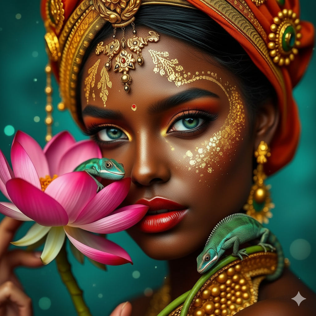 A breathtaking portrait of an African American woman, adorned in vibrant Indian attire and ornate golden jewelry, gaze captivating with stri...