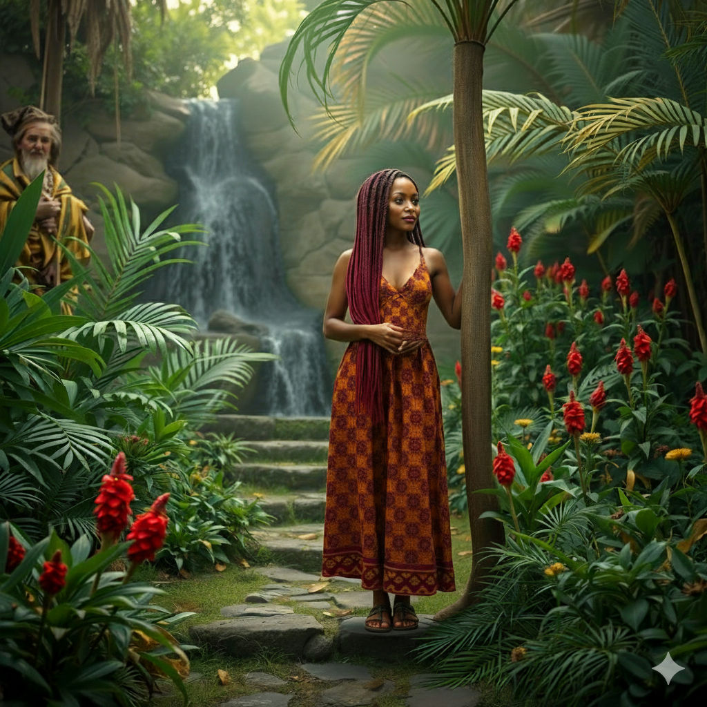This image depicts a vibrant, lush tropical scene, possibly a garden or a section of a rainforest, with a woman as the central figure.
​The ...