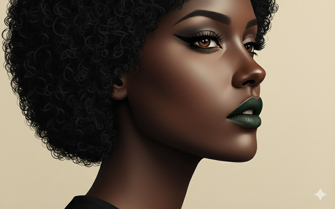 A close-up, photorealistic portrait of an African American woman in 8K resolution, 4:3 landscape format. She has deep brown skin, striking b...