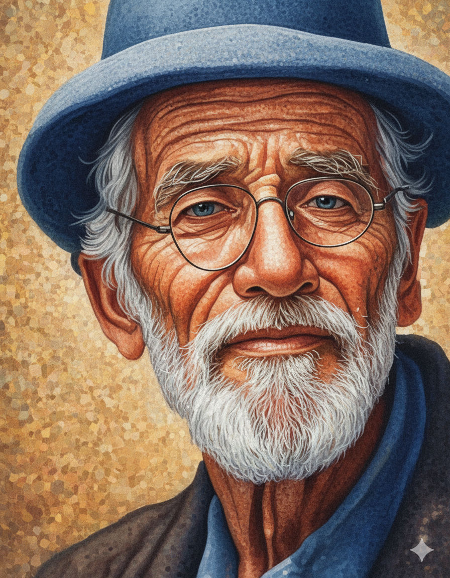An ultra photo-realistic, 8K close-up portrait of a wise elderly man with deep wrinkles and kind blue eyes. He has a full white beard and is...