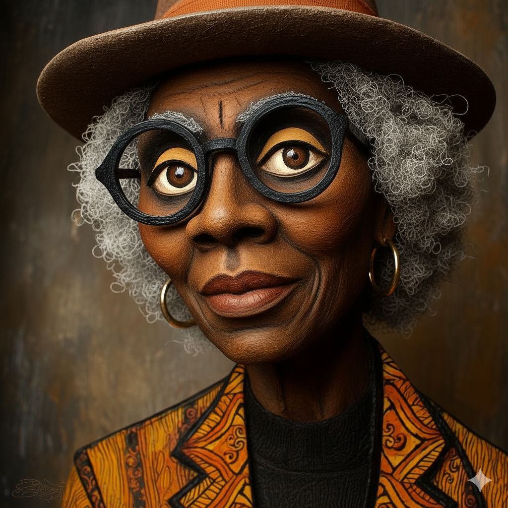 An 8K, HD portrait of a tranquil 65-year-old Black woman in a 3:4 format. The style is a textured digital painting with a warm, earthy color...