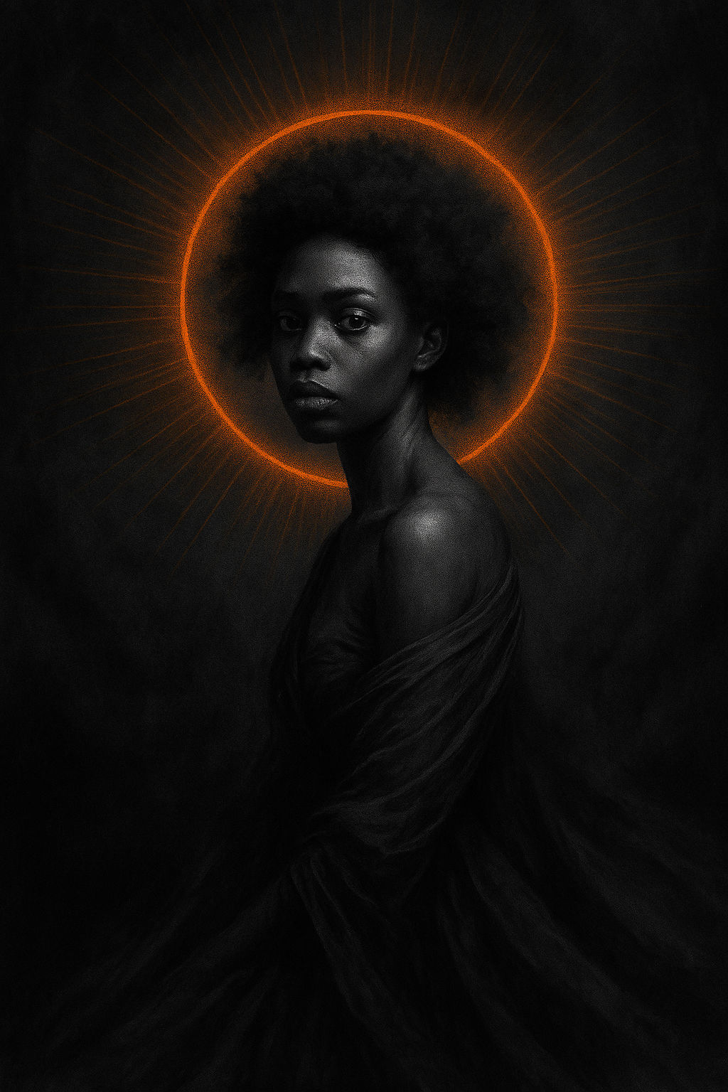 Spooky grayscale portrait orange black woman gown ethereal halo burst