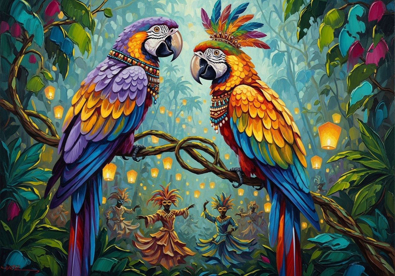 Two parrots perched on a vine above a glowing jungle masquerade. Lanterns float like fireflies, and masked dancers swirl below.
- Style: Pai...