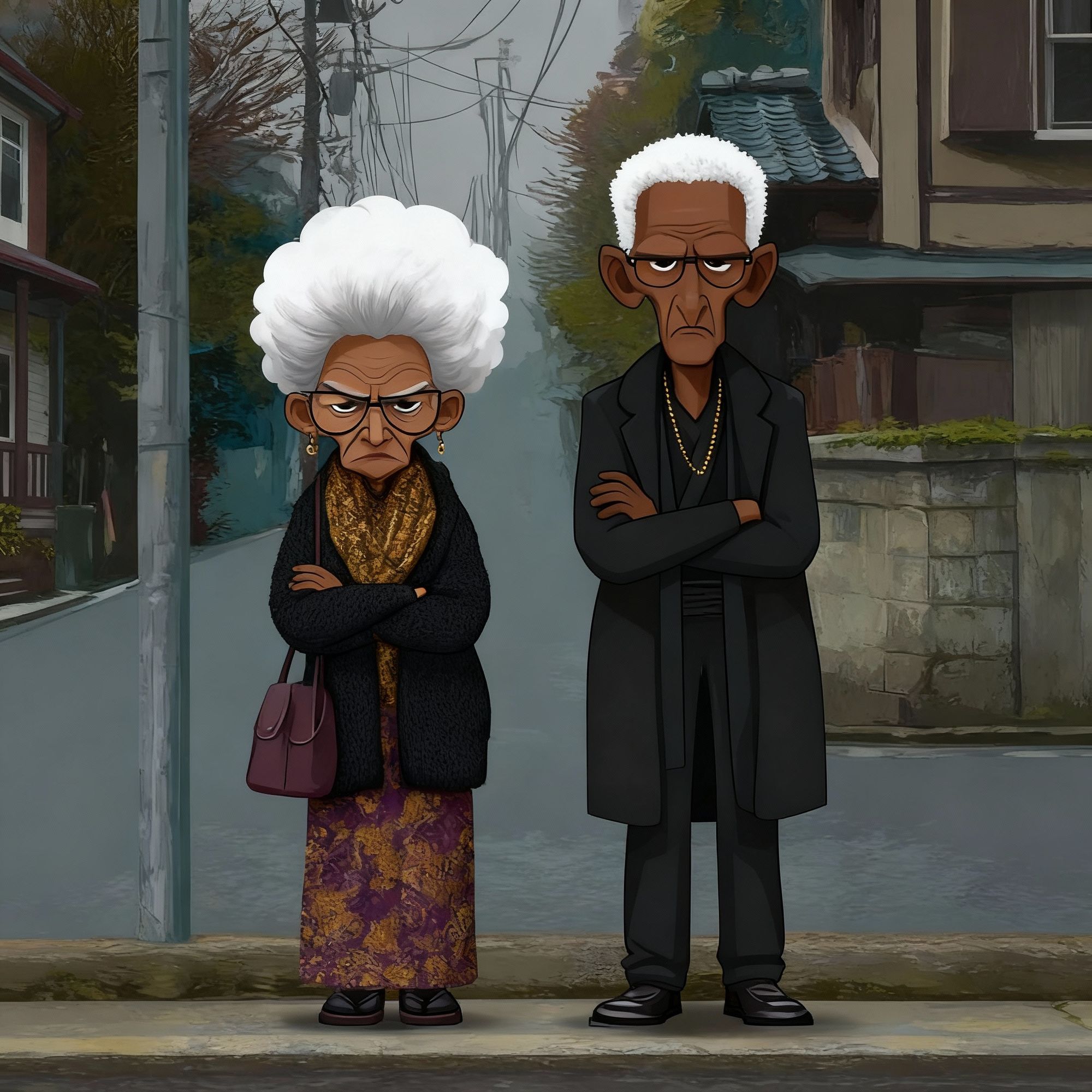 Two elderly African American individuals, a woman and a man, are standing side-by-side outdoors. The woman on the left has large, fluffy whi...