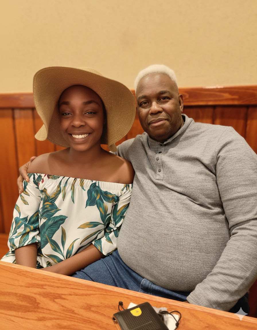 A medium shot captures a man and a woman seated at a wooden table, both smiling at the camera. The woman, on the left, wears a wide-brimmed ...
