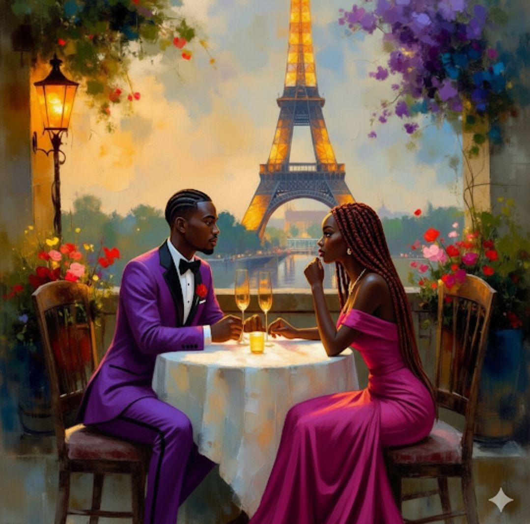 Create an image that is a painting of a Black couple having a romantic dinner on a balcony overlooking the Eiffel Tower in Paris.
​The man, ...