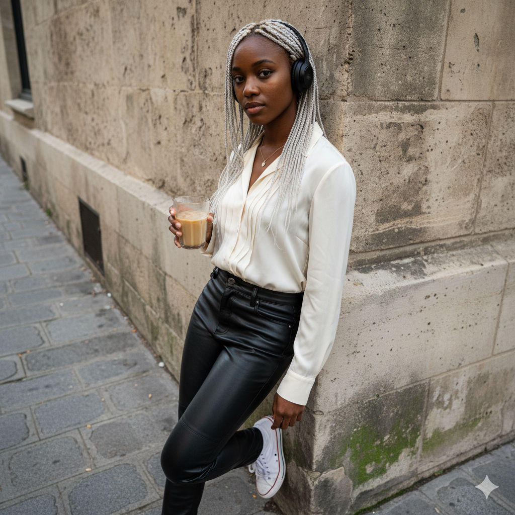 HD, 8K, 3:4 portrait format, image of A spontaneously captured iPhone-styled candid photo of a young African American woman with platinum br...