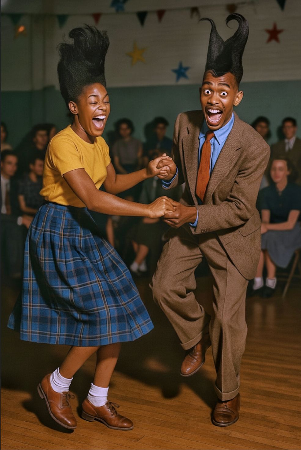 Two young Black individuals with exaggerated hairstyles are energetically dancing in what appears to be a vintage setting. The woman on the ...
