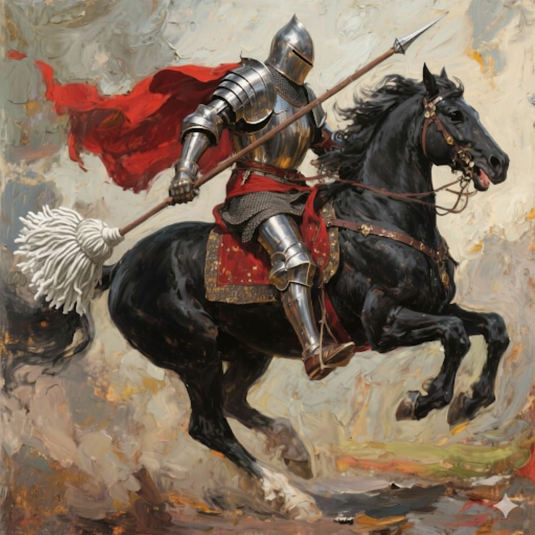 Create a image that shows a knight in full plate armor riding a black horse. The knight is holding a lance, at the end of which is a white m...