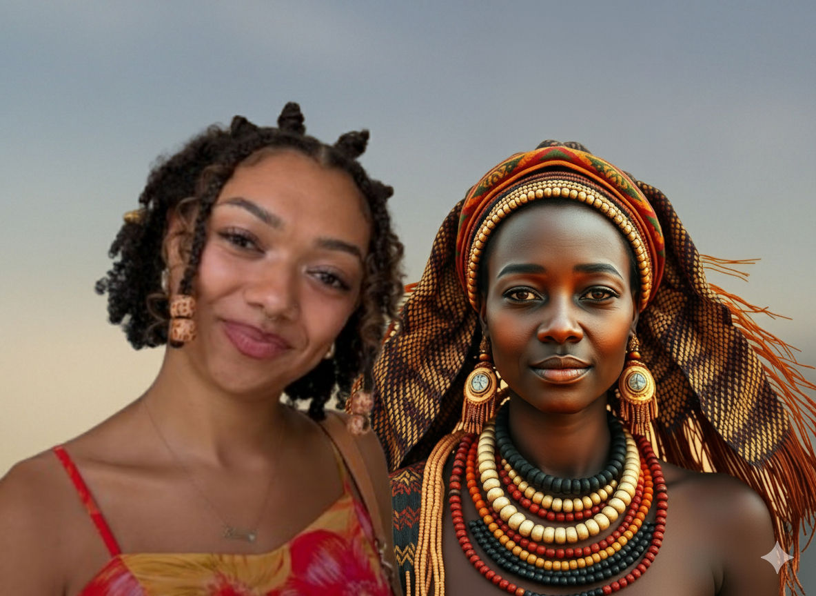 Create an image that portrays a powerful and intimate connection between two women, their forms framed against a soft, ethereal sky. The com...