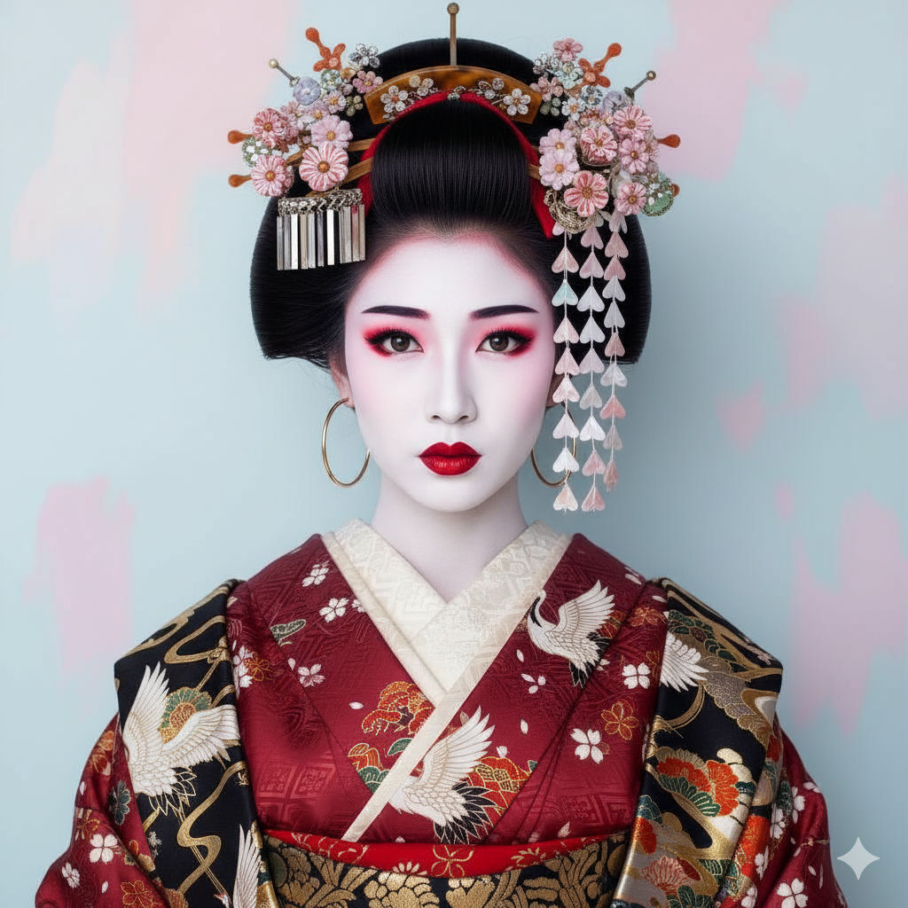 A photorealistic, 4K, head-and-shoulders studio portrait of a beautiful Asian woman dressed as a geisha. She wears an ornate red and black k...