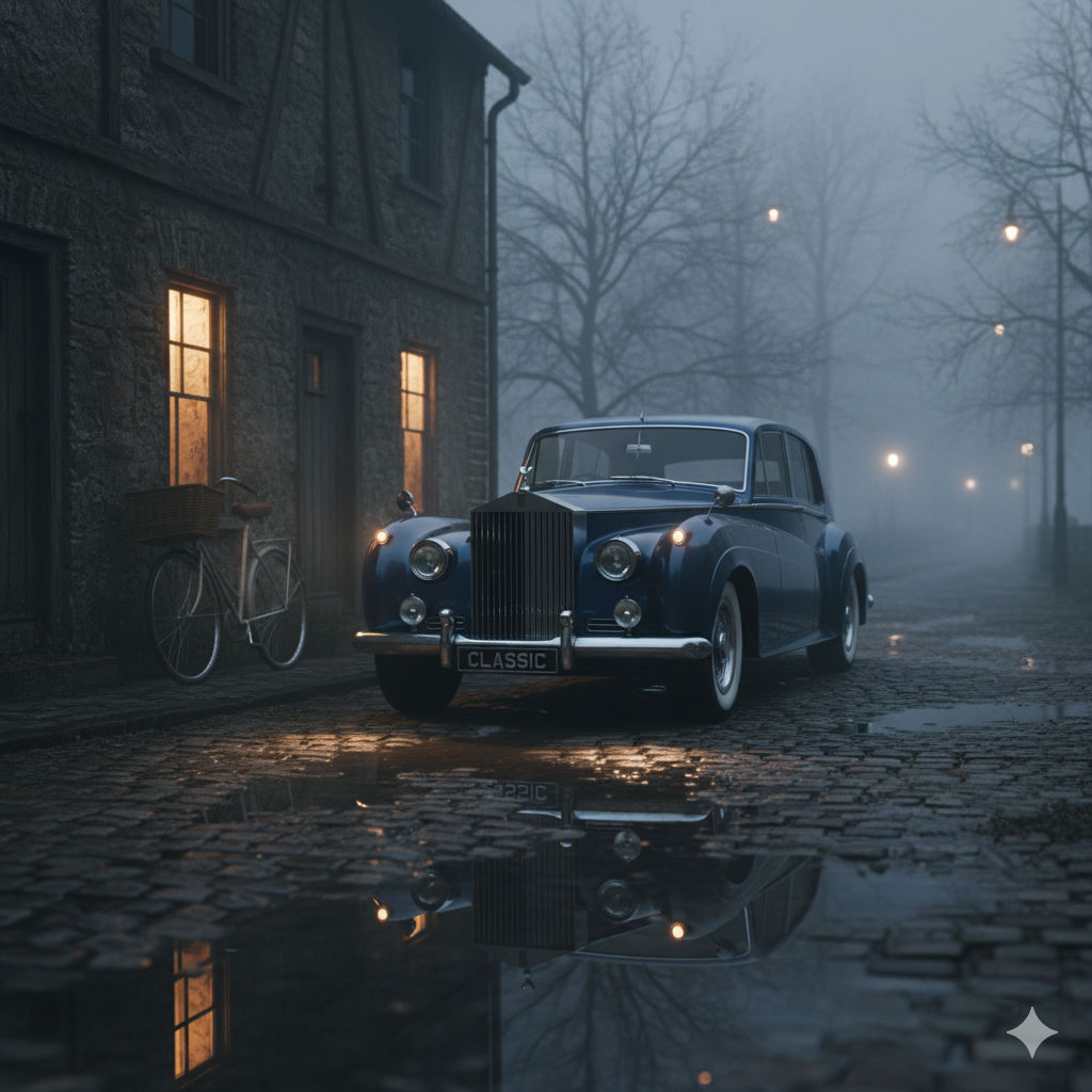 A dark blue classic car, possibly a Rolls Royce, is parked on a wet, unpaved road with puddles reflecting the dim lights. The car has a "CLA...