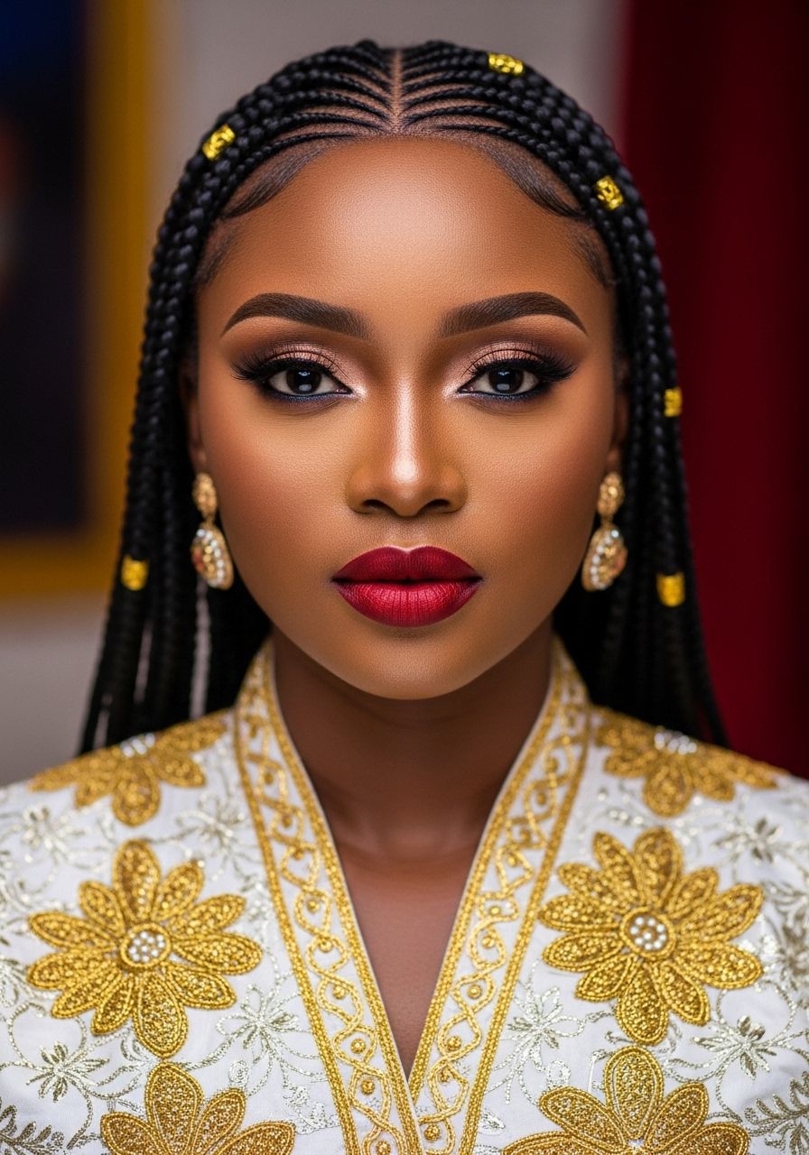 Create a HD, 8K, 3:4 portrait format, full color, photo realistic image of a Close Up Portrait, of a Gorgeous Elegant African Goddess, the m...