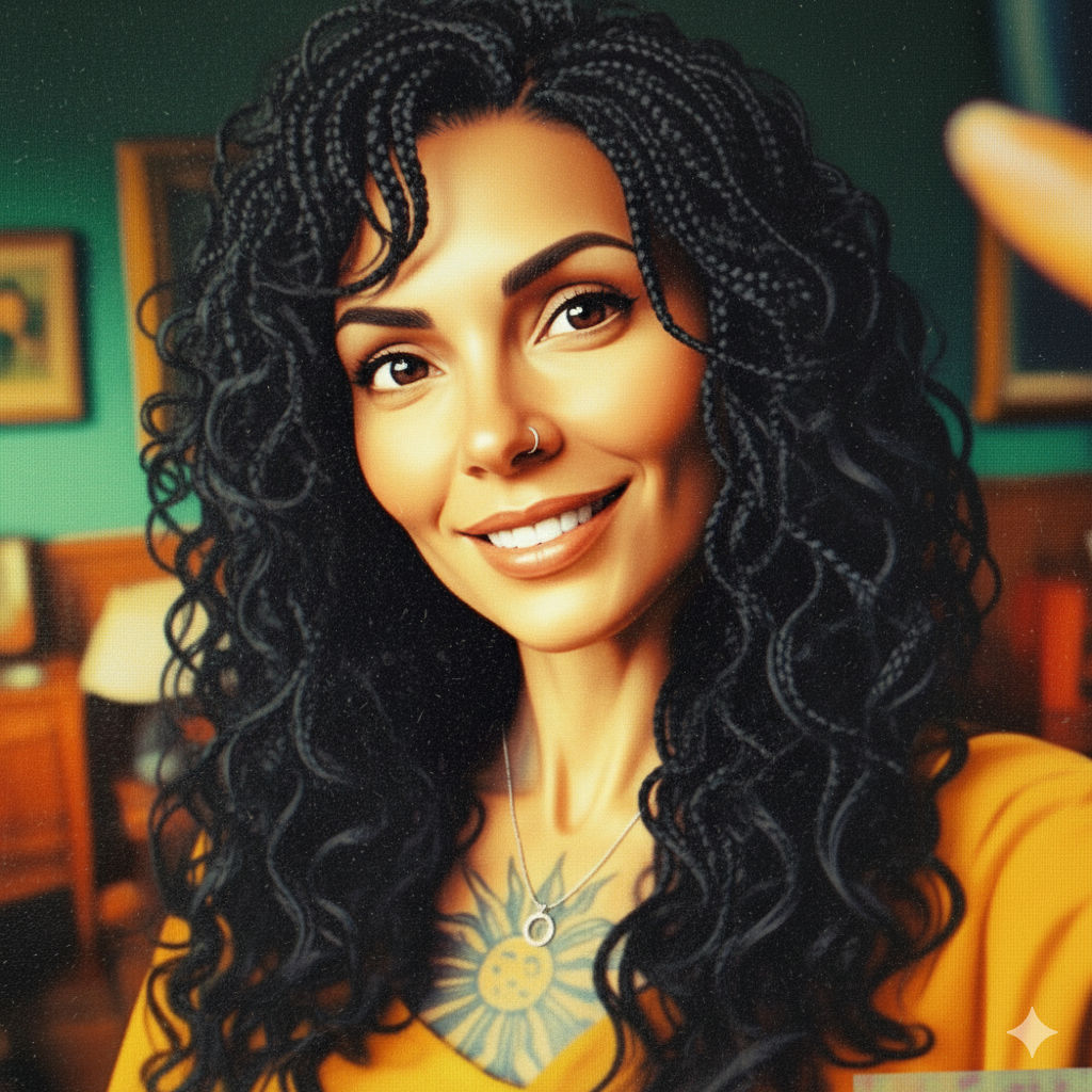 The image is a portrait of a African American woman with long, dark, curly braided hair. She has a nose ring, a necklace with a circular pen...