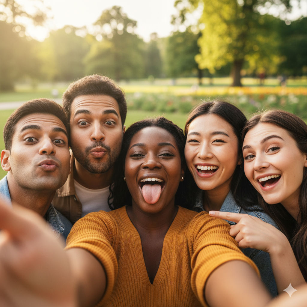 Create an iPhone selfie photo, taken from a first-person perspective. A group of ethnically diverse friends making silly faces close to the ...