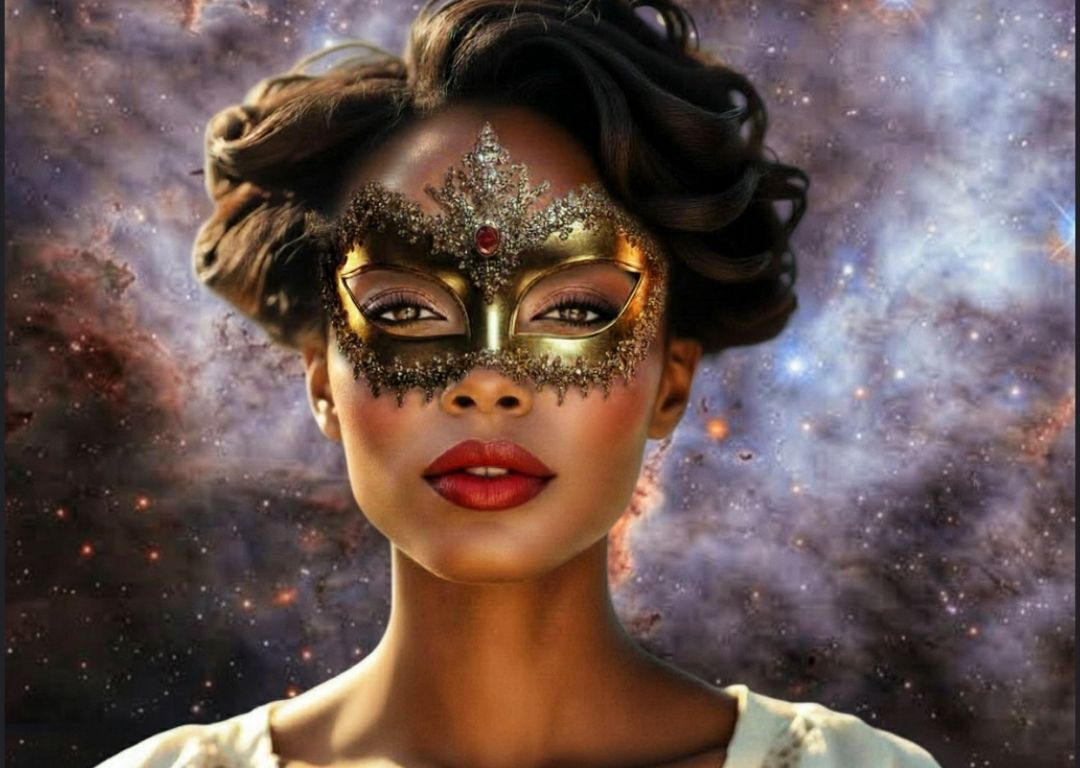 A captivating portrait of a woman wearing an ornate golden mask, adorned with intricate details and a central red gem, against a breathtakin...
