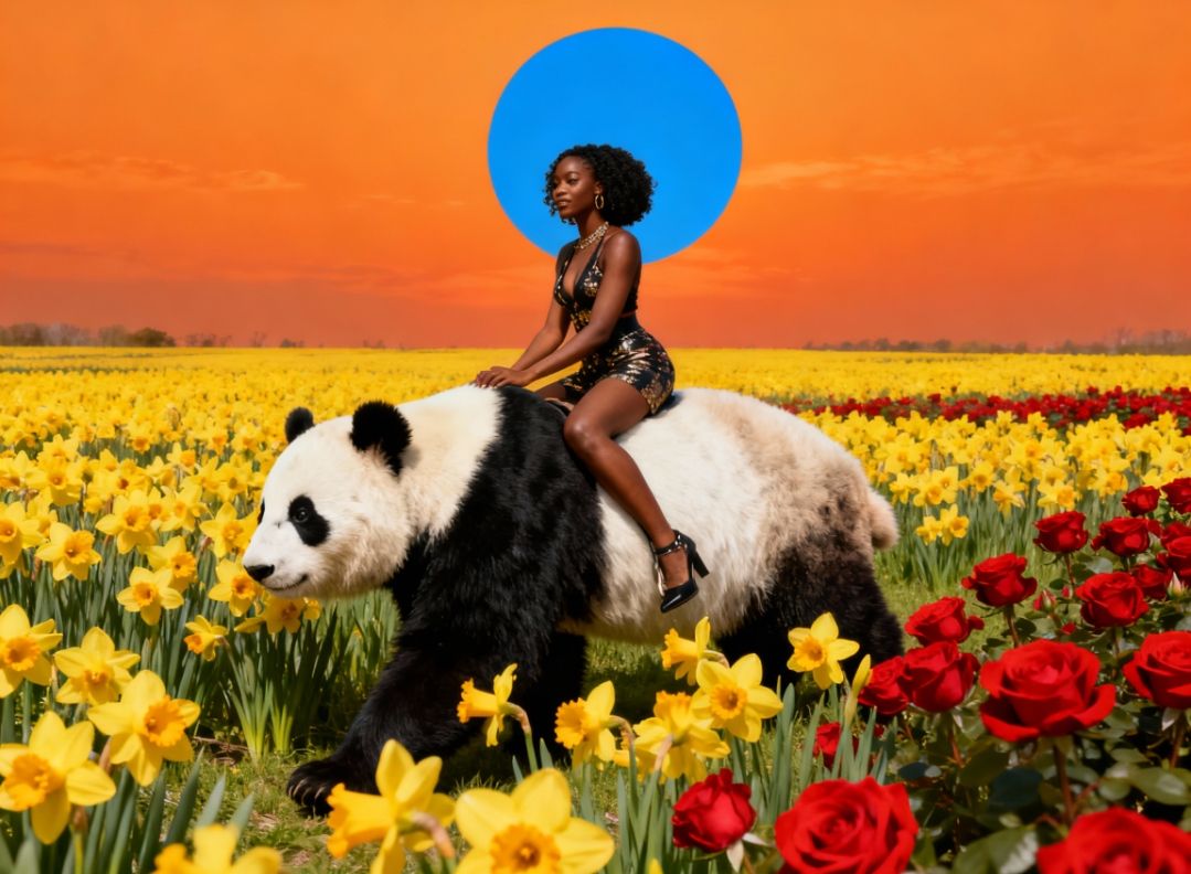 A realistic image of an African American woman influencer riding atipna giant panda in a field of yellow daffodils and red roses under a bri...