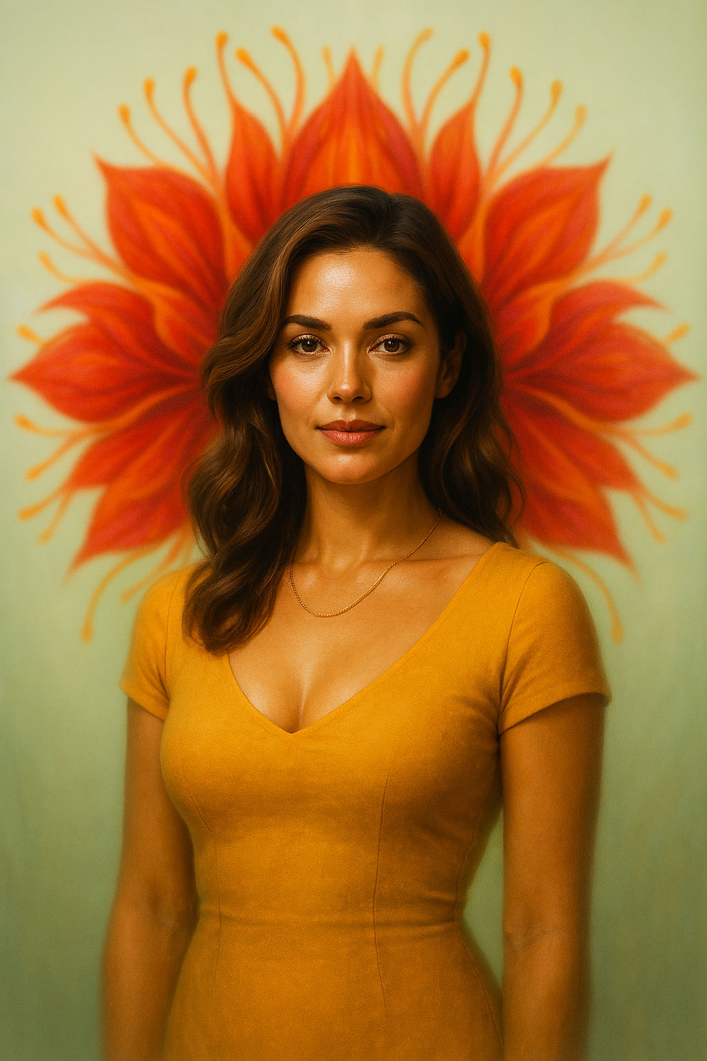 A cinematic, ultra-photorealistic portrait of a woman seamlessly integrated with a vibrant, symmetrical abstract flower. The woman, with rad...