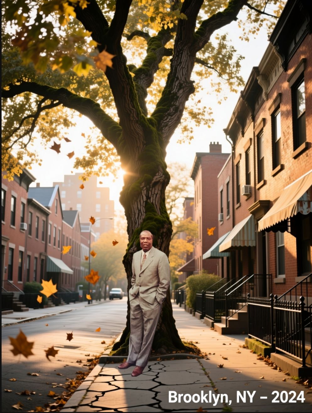 An autumnal street scene in Brooklyn, NY, in 2024. A man in a light-colored suit stands casually leaning against a large, mossy tree with go...