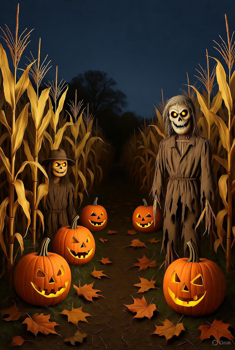 A spooky night scene in a cornfield. In the foreground, a scarecrow with glowing orange eyes and a stitched burlap face stands among corn st...