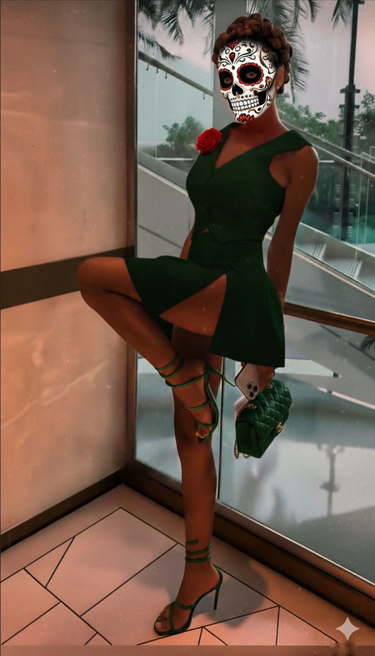 A full-body portrait of a young woman with a braided updo, wearing an emerald green sleeveless top and a matching skirt with a side slit. Sh...
