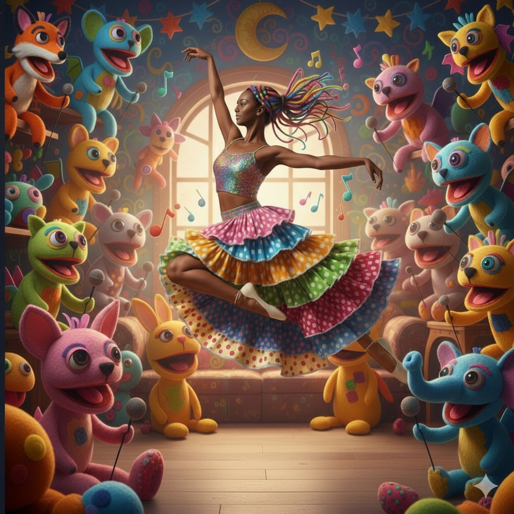 Generate image of  a dark-skinned African American female with long, tightly braided rainbow-colored hair, dancing in a vibrant, frilly dres...