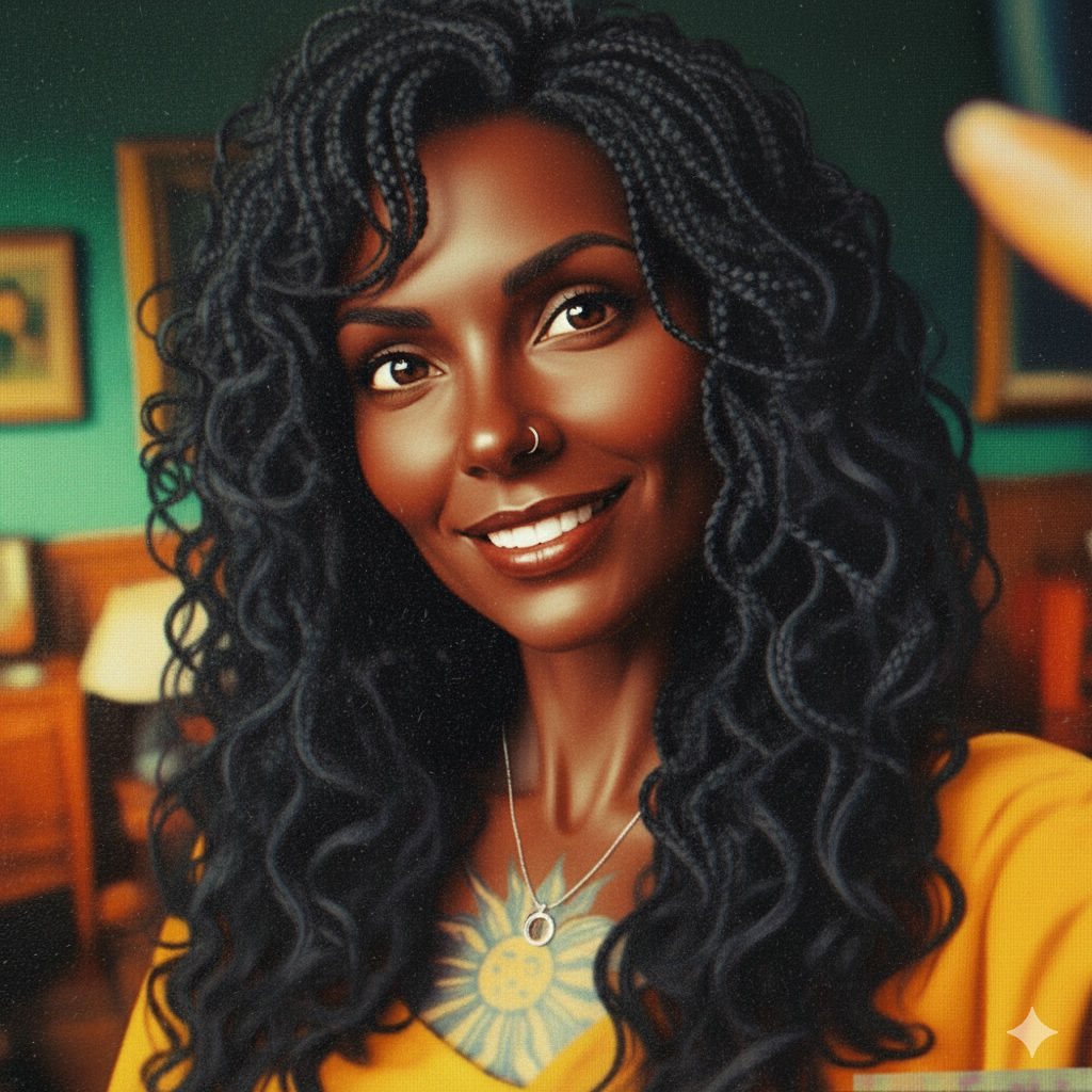 The image is a portrait of a African American woman with long, dark, curly braided hair. She has a nose ring, a necklace with a circular pen...