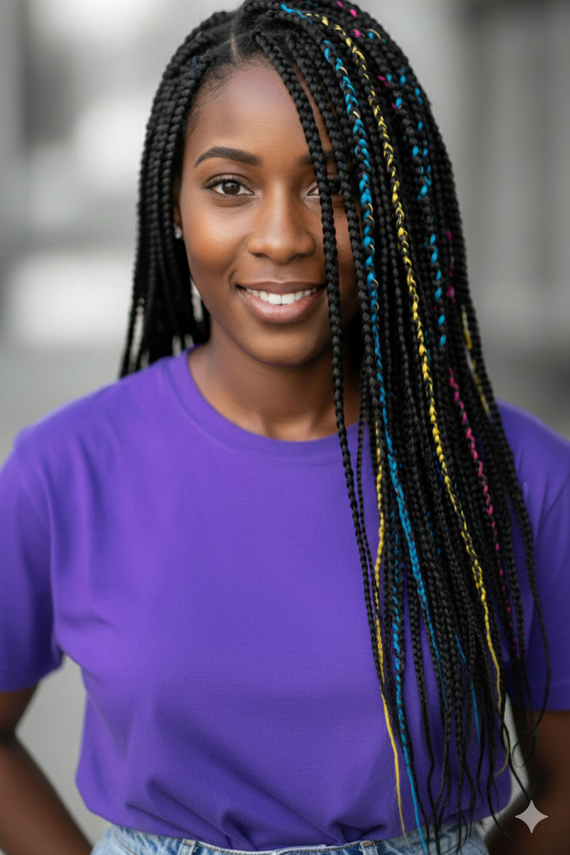 A photorealistic, 4K close-up portrait of a beautiful Black woman with a gentle smile. Her face is partially obscured by her long, elaborate...