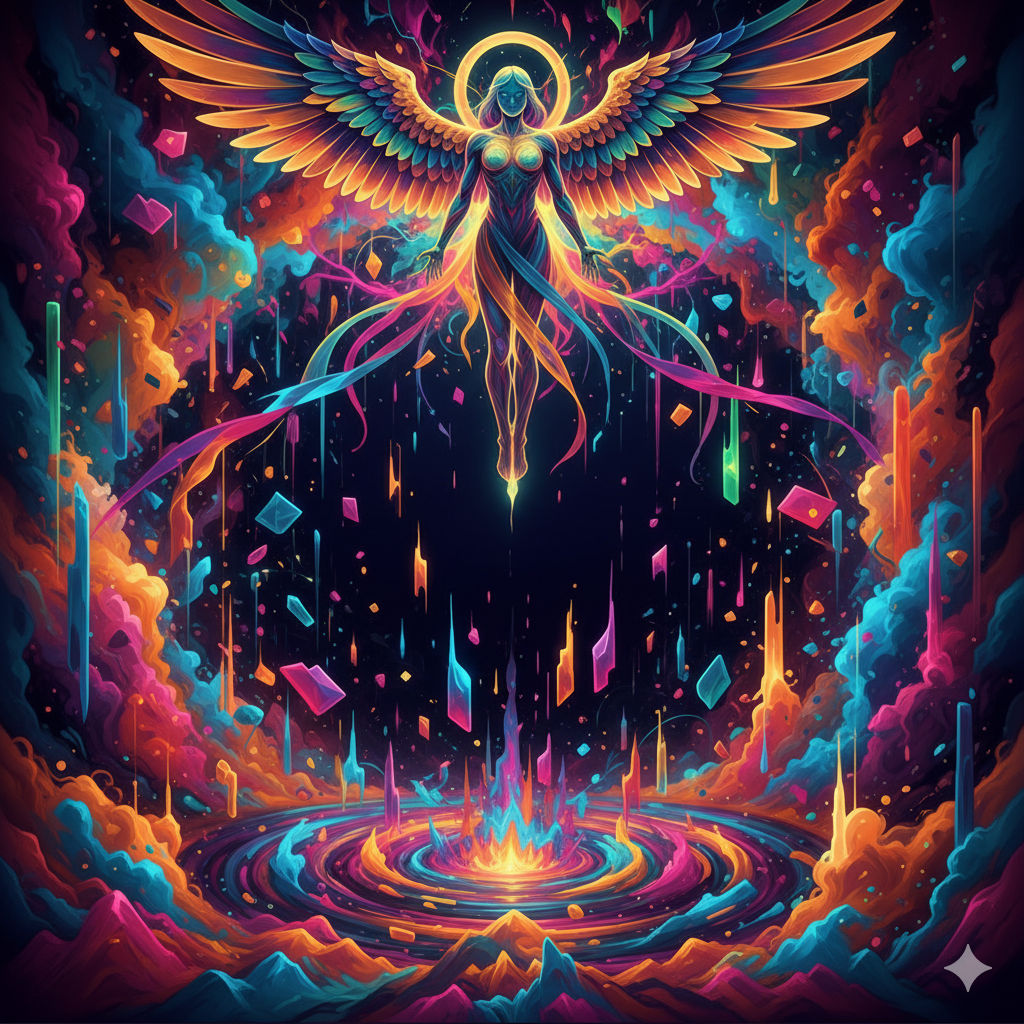 Create an HD, 8K, graphic image that is colorful: 4:3 landscape mode and abstract from the key words:: Unmanifested visual dreams void darkn...