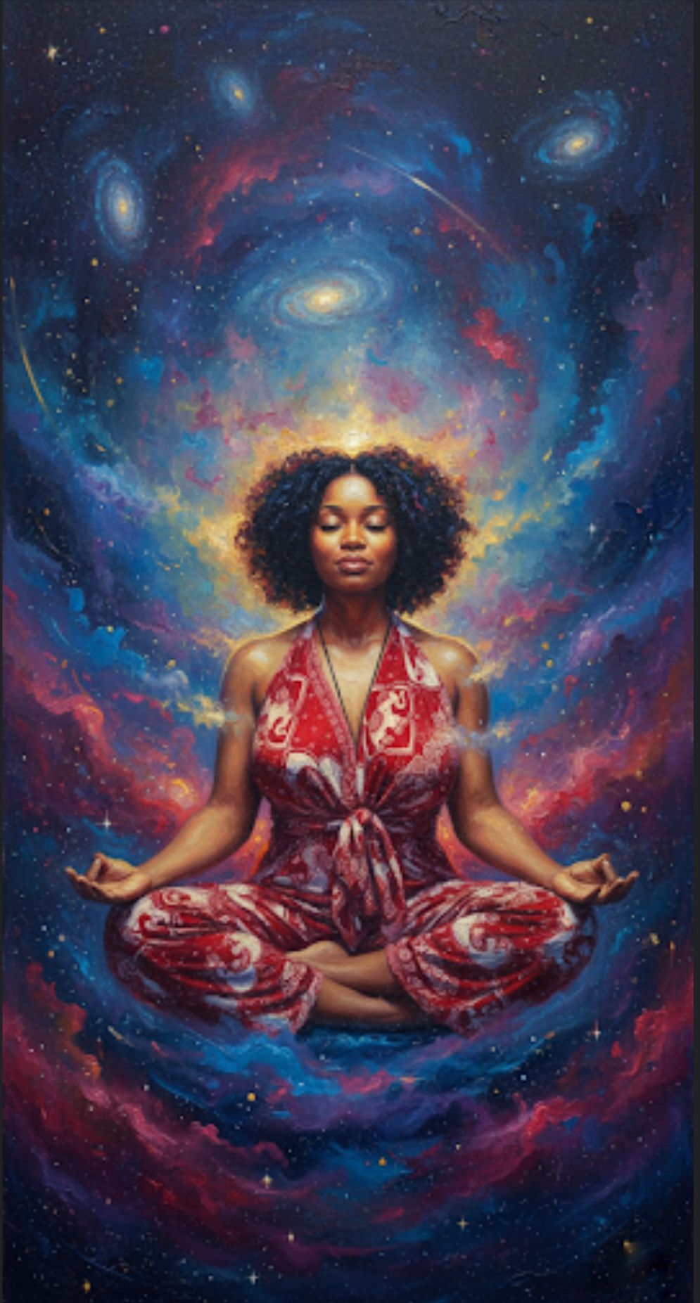 <lora:Akimora:1.0> A serene Nigerian woman meditating in a lotus pose, floating amidst a swirling cosmic nebula and bathed in the soft glow ...