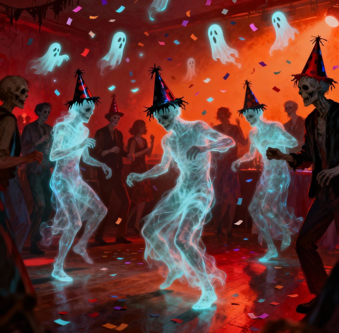 A spooky New Year's Eve party in a haunted grand ballroom. Skeletons and spirits in tattered formal wear and party hats dance on the floor. ...