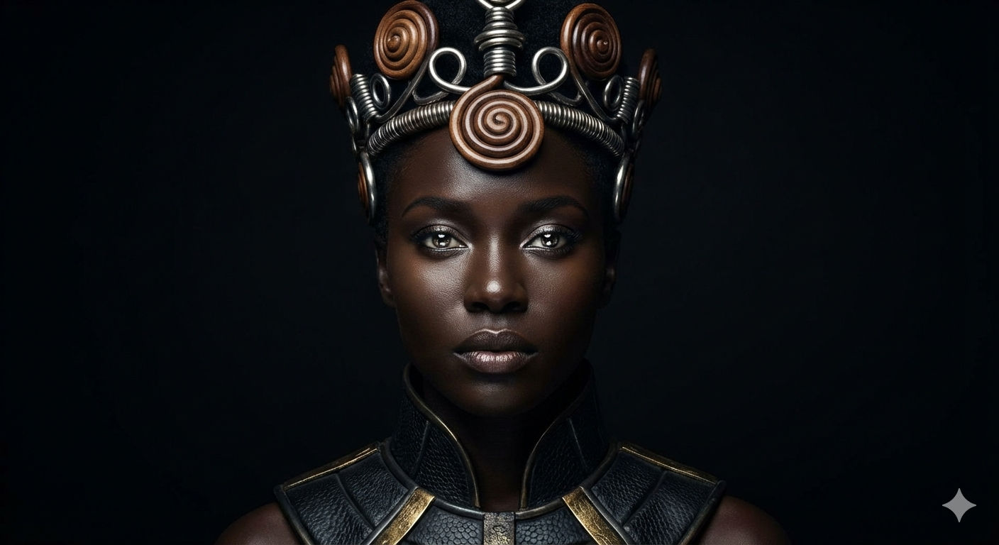 A hyper-real Afro-Futurist portrait of a celestial warrior queen, portrayed in a regal and iconic manner. Her hair forms sculptural metallic...