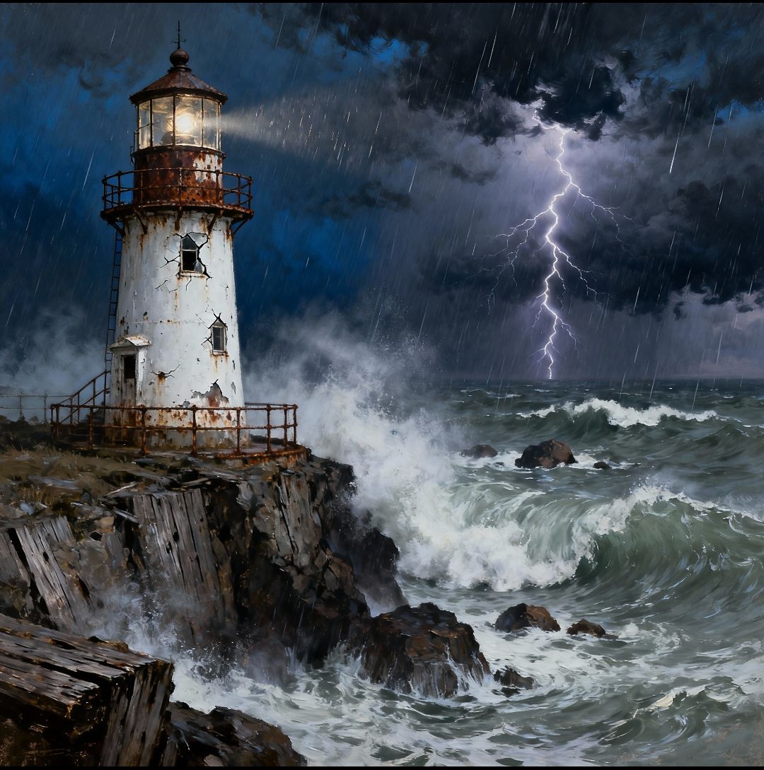 A solitary, weathered lighthouse stands defiantly on a jagged cliff edge, overlooking a turbulent, stormy sea. The sky above is a dramatic c...