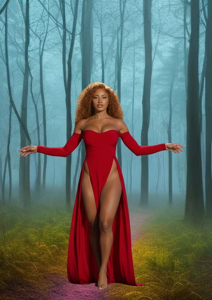 A photorealistic, cinematic, and HD 8K portrait-format image (3:4) of a beautiful woman with flowing, curly brown hair, wearing a flowing re...