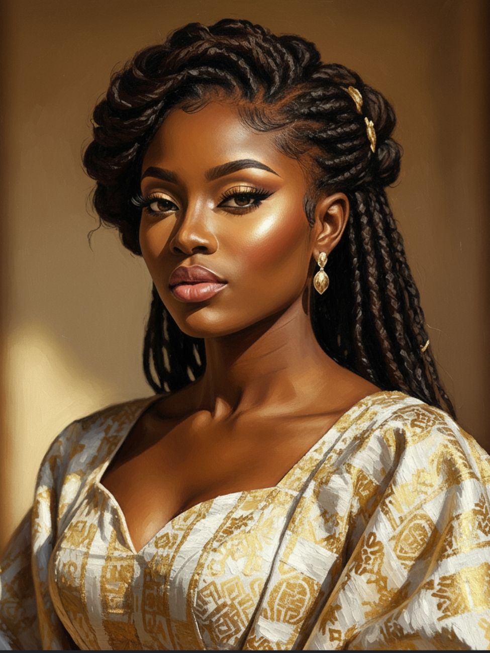 <lora:DreamweaverFlux:1.0> <lora:divineOil:1.0> <lora:Brushed Oils:1.0> Close Up Portrait, of a Gorgeous Elegant African Nigerian woman, the...