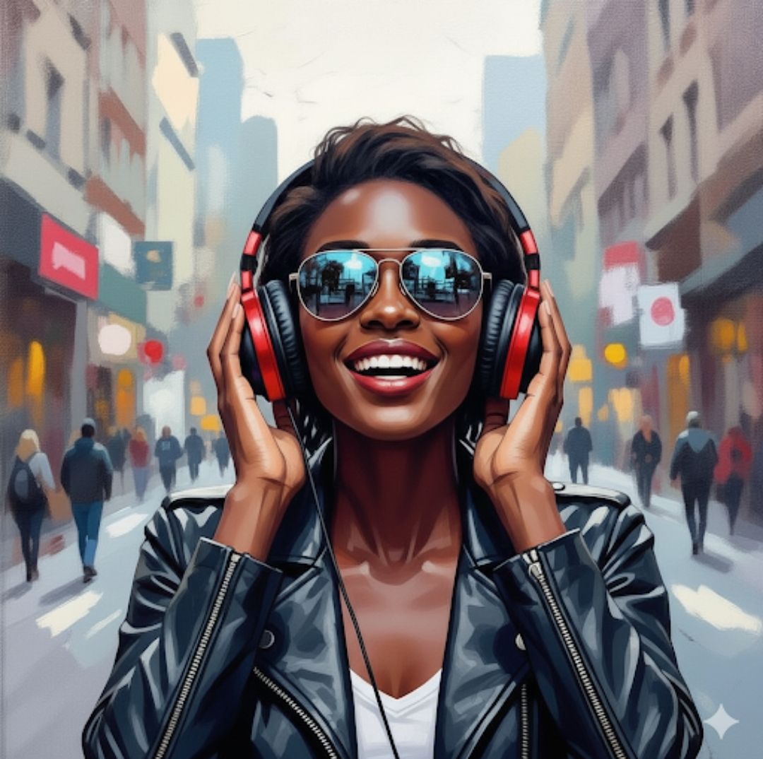 Create an image that is a vibrant, painted portrait of a beautiful Black woman with a wide, radiant smile. She is looking directly at the vi...