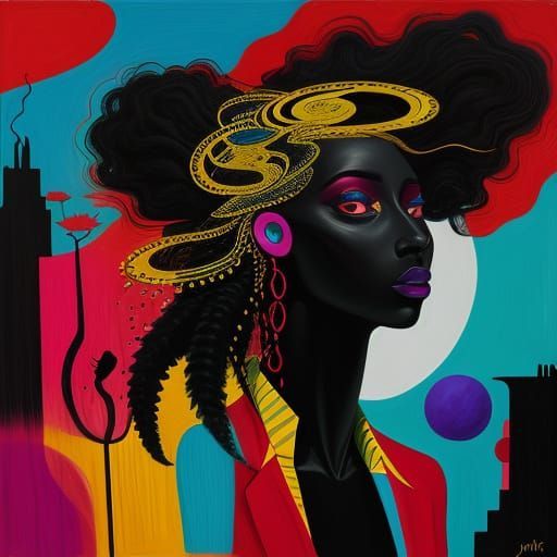 A photorealistic portrait of a young, happy black child with curly hair, smiling warmly at the camera. She is crouching in a lush, sun-dappl...