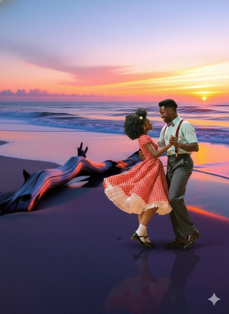 A romantic, cinematic, and photorealistic scene of a Black couple dancing on a beach at sunset. The vibrant sky is a gradient of blues, pink...