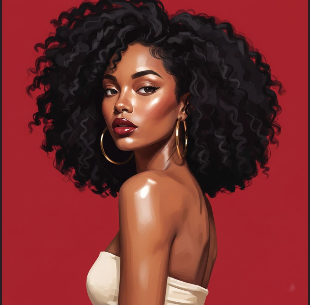 Create image: This image is a vibrant digital painting or illustration of a woman with dark, curly hair, likely of African descent, set agai...