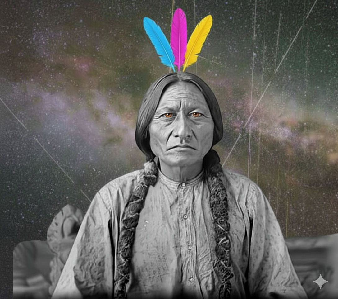 Create a figure of an Native American man against the Milky Way background, with three brightly colored feathers. His eyes are a prominent, ...