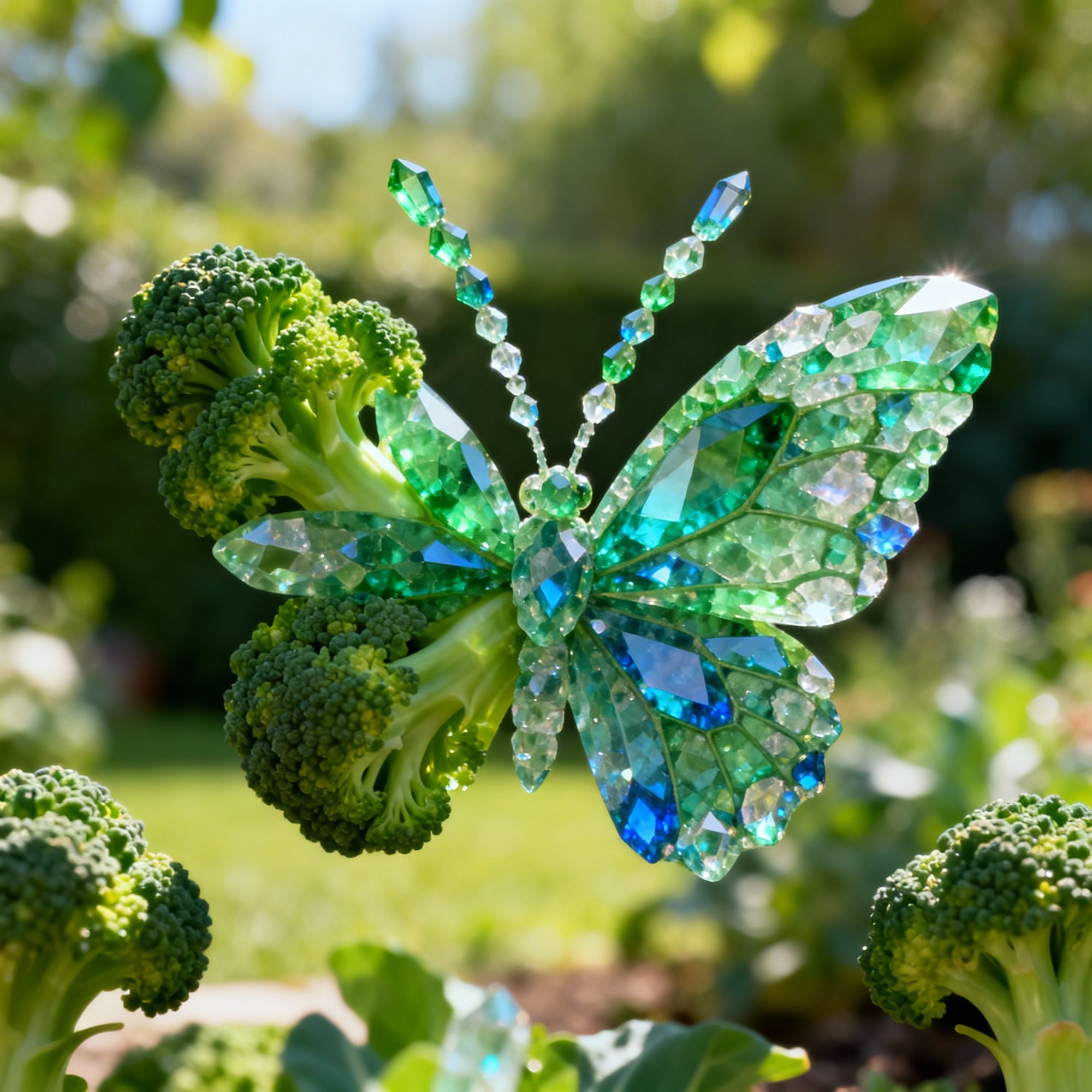 A surreal, vibrant creature with the delicate wings and body of a butterfly, but with broccoli florets as its wings' texture and coloration....