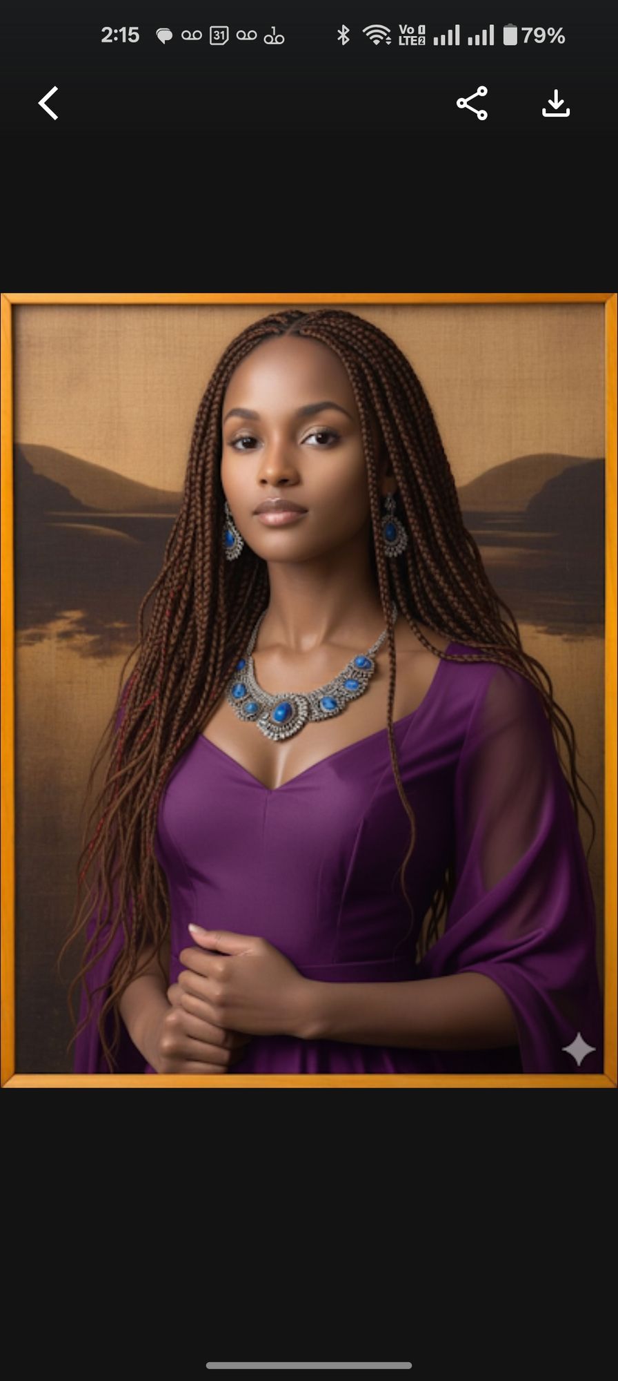 Create an image that is a modern interpretation of the Mona Lisa portrait. A woman with long, dark, loose braids is the subject, standing in...