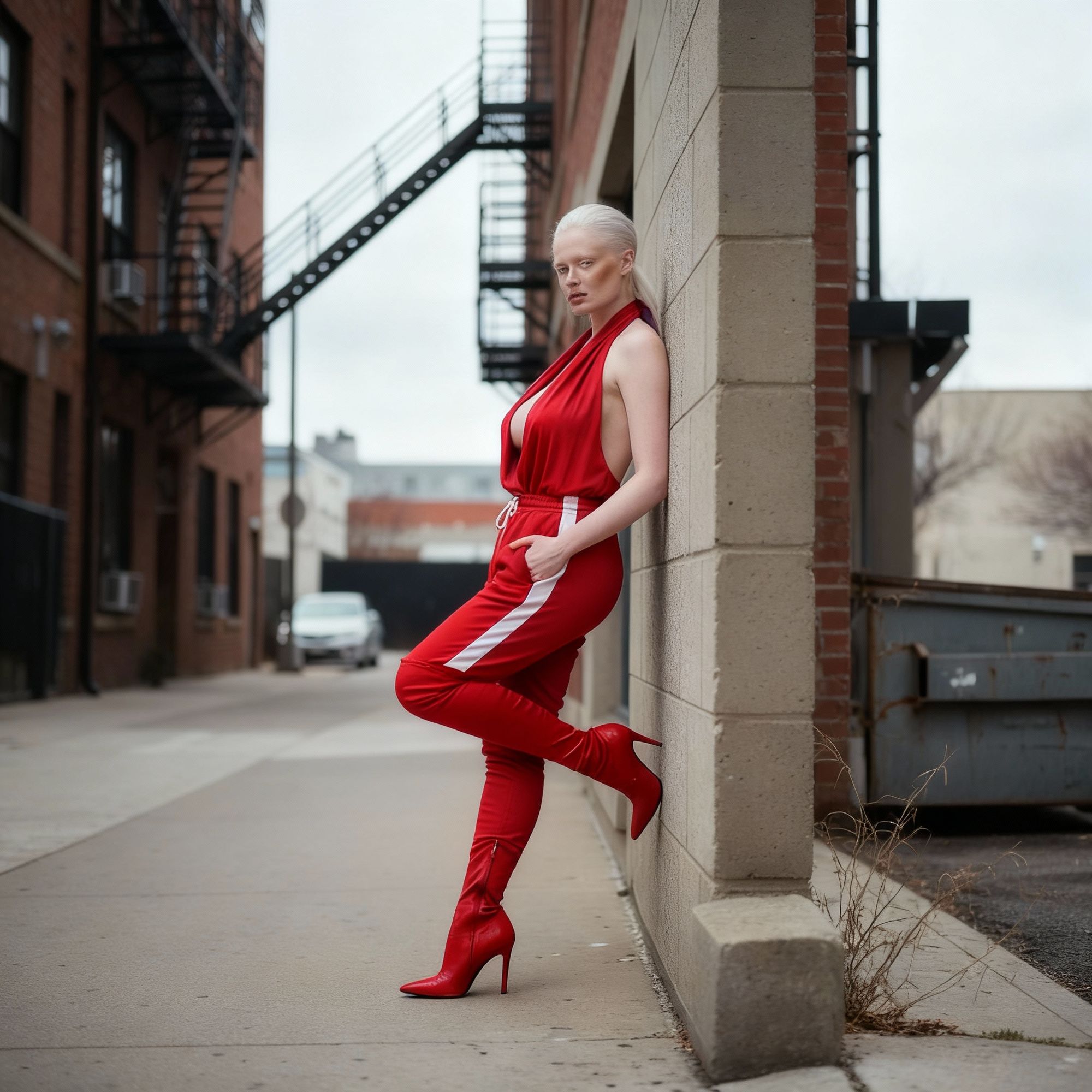 Photorealistic image of a woman with a shaved head leaning relaxed against a concrete wall in an urban alleyway. She is wearing a vibrant re...